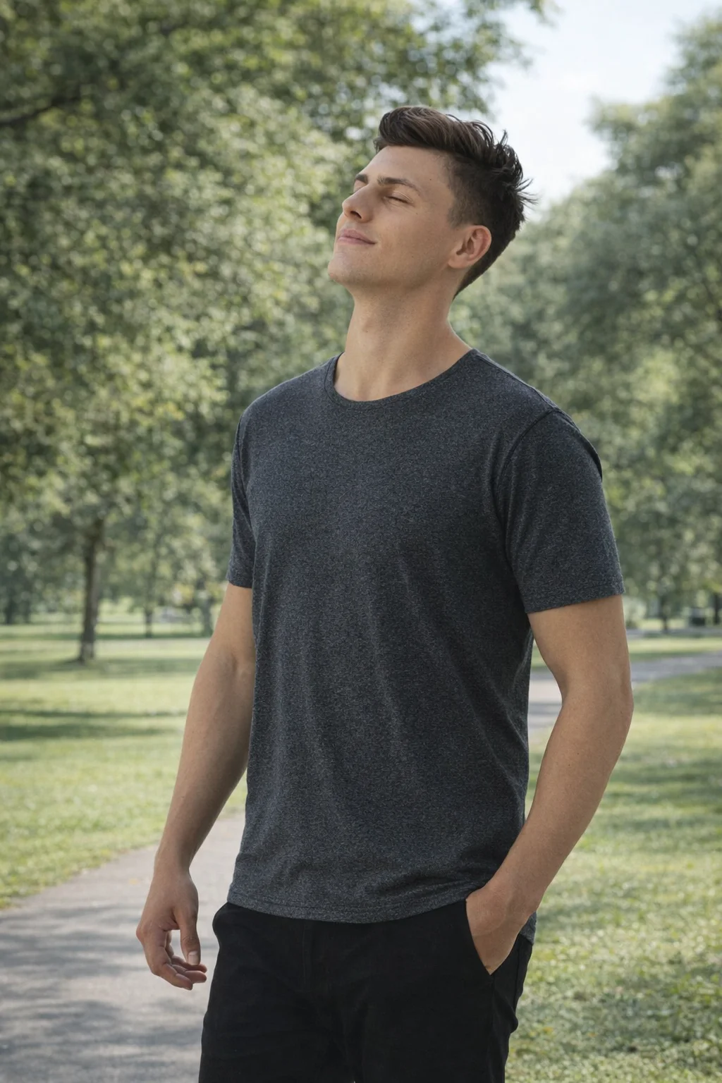 Man on a park path in Men's Cool Cotton Rich Tee, eyes closed, enjoying the sunlight.