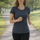 Woman jogging in Women's Cool Cotton Rich Tees, surrounded by green trees and sunlight.
