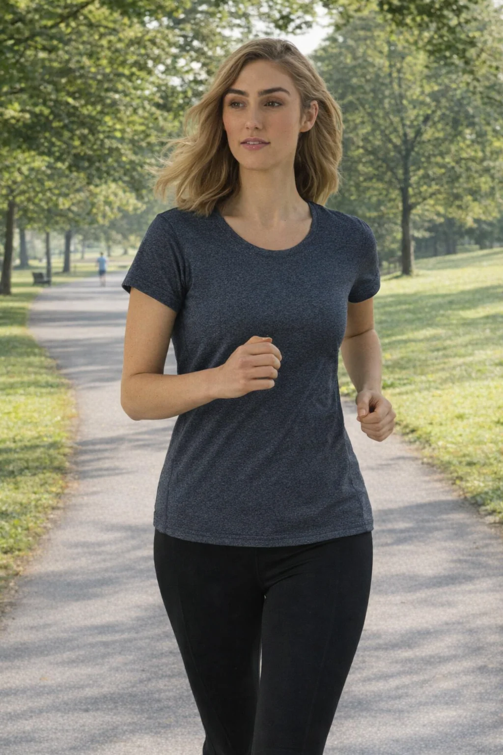 Woman jogging in Women's Cool Cotton Rich Tees, surrounded by green trees and sunlight.