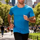 Man jogging in city park wearing Men's Light Weight Stretch Tee, skyscrapers in the background.