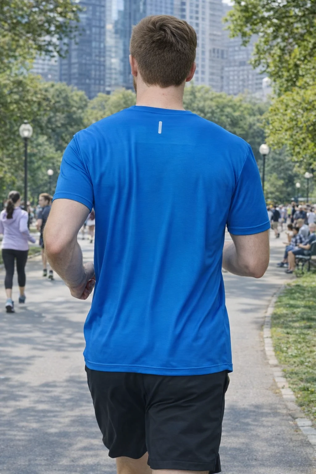 Man in Men's Extra Light Tee jogging in a park with people and trees in the background.