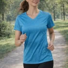 Woman jogging on a tree-lined path in blue Women's Ultra Dry Short Tee and black leggings.