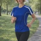 Woman jogging in a park, wearing the Women's Truedry T-Shirt and black leggings.