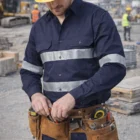 Construction worker in Cotton Long Sleeve Work Shirt With 3M Tapes adjusts tool belt onsite.