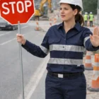 Woman in Women Hivis Cotton Long Sleeves Work Shirt holds stop sign at construction site.