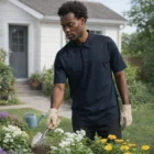 Man wearing Chad Polos gardening among flowers outside a house.