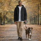 Man wearing Canvas Heavy Hooded Jacket walks a brown dog among autumn leaves in the park.