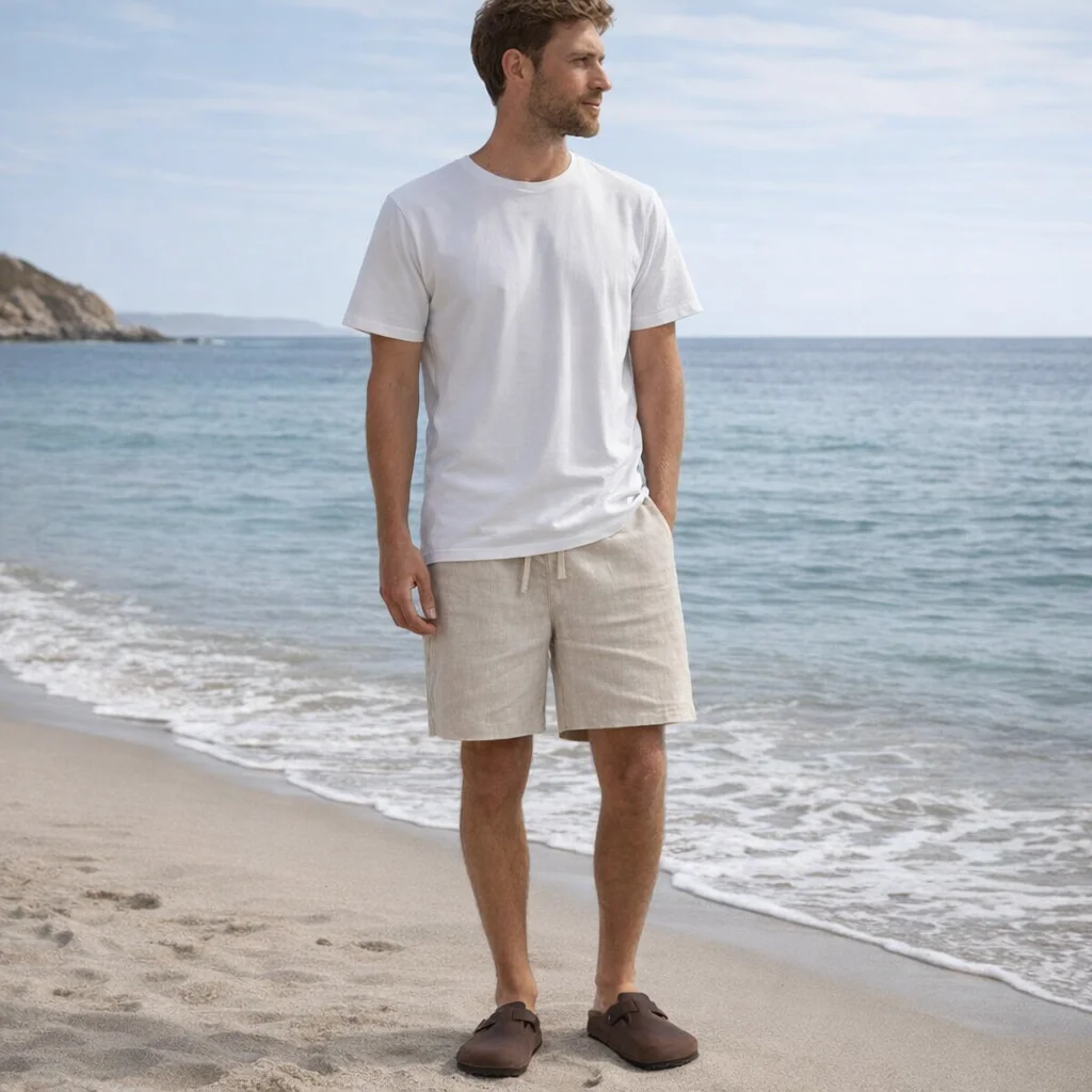 Man wearing Linen Shorts 18" standing on a sandy beach by the ocean.