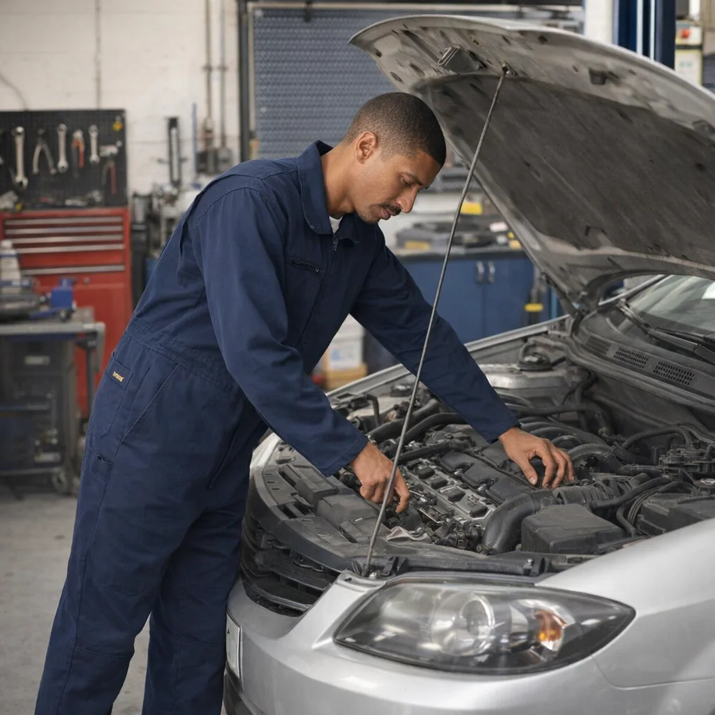 Mechanic wearing Canvas Coveralls works under a car hood in a garage.