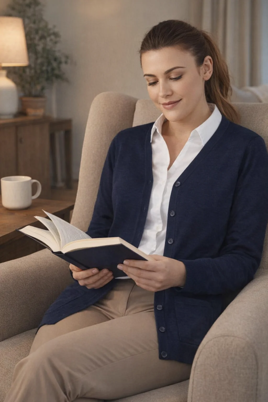 Woman in a Softstitch Button Cardigan reads a book in an armchair, wearing a white shirt.