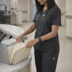 A woman in Tokyostride Scrub Pants reviews patient files at a hospital reception desk.