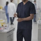 A healthcare worker in Reveriflex Scrub Pants prepares a syringe in a hospital hallway.