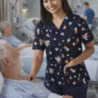 A nurse in a Supernova Smile Scrub talks to an elderly male patient in a hospital bed.