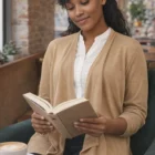 Woman in a Sofia Cascade Cardigan reads at a cafe table with coffee and a newspaper.