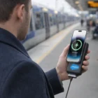 Person charging phone with Eco Magnetic Wireless Power Bank at a train station platform.