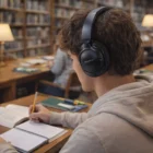 Person using ANC+ Silentpods, studying and writing in a notebook at a library desk.