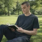 Young man in a Gildan Softstyle Adult Cvc T-Shirt sits on grass reading in the sunny park.