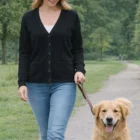 Woman in a Cozy Knit Ladies Cardigan walking a golden retriever on a green park path.