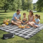 A family of four picnics on Welsh Picnic Rugs in a sunny park with food and drinks.