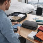 A man packs for a trip using Recycled Excursion Packing Cube Sets in a modern bedroom.
