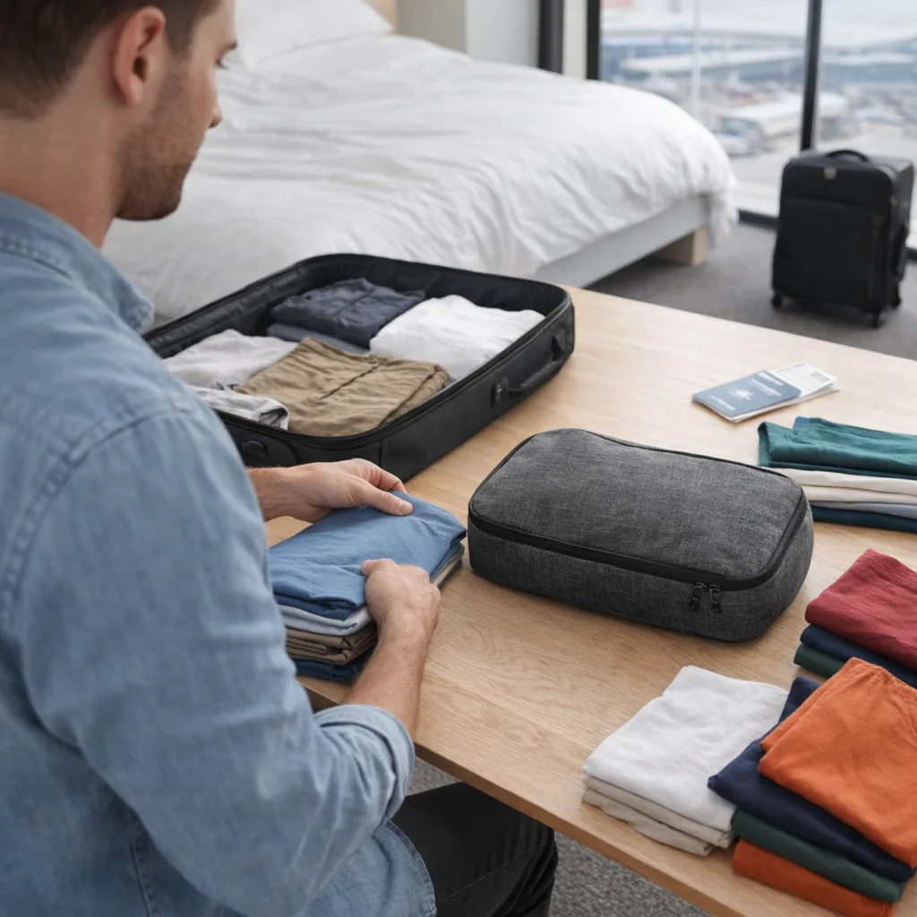 A man packs for a trip using Recycled Excursion Packing Cube Sets in a modern bedroom.