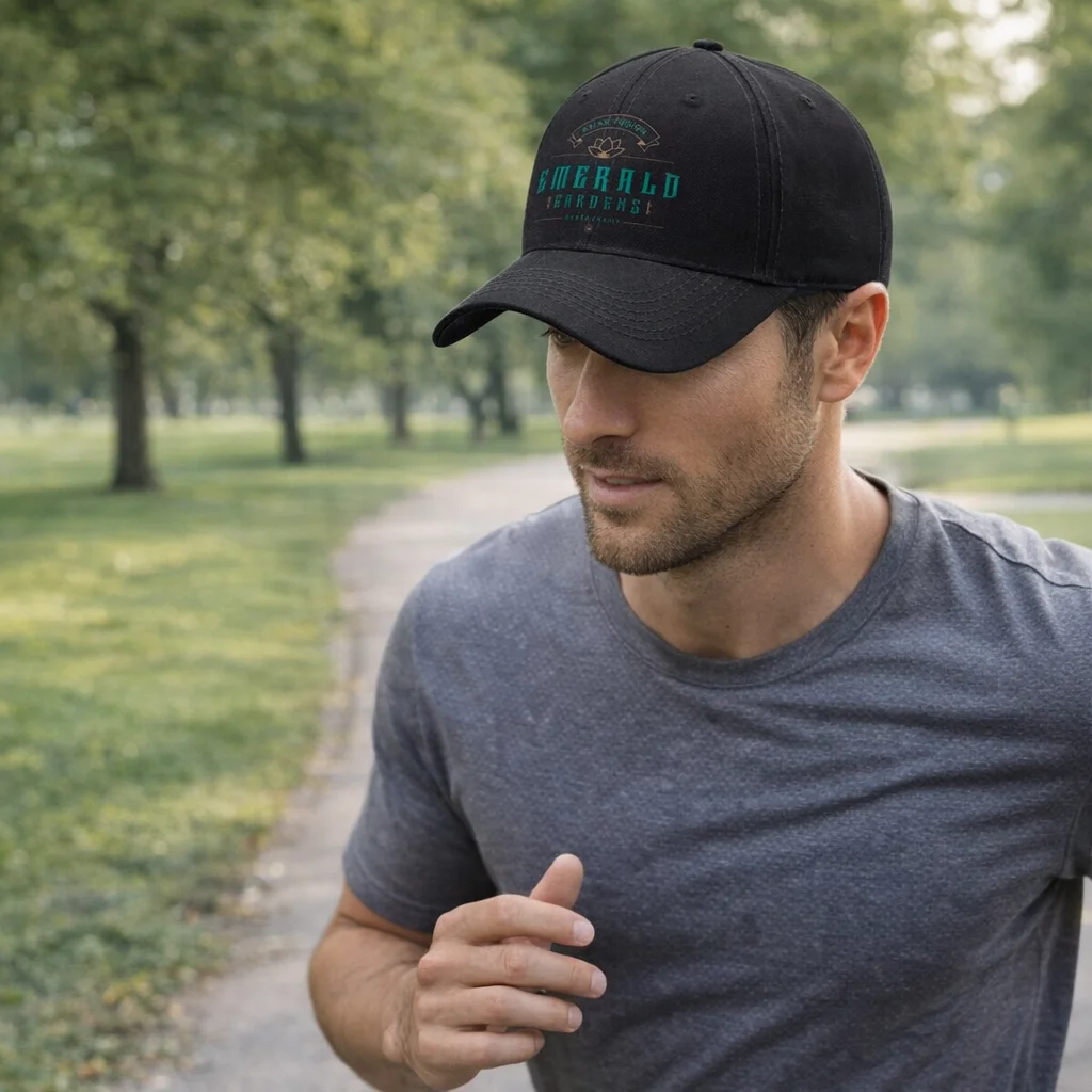 Man jogging on a park path in gray shirt and black Polycotton Event Headwear, trees behind.