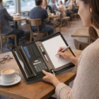 A woman uses a Zac A5 Zippered Compendium with calculator at a cafe table with coffee.
