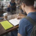 Person writing in an Ambassador Bound Journalbooks notebook at a café table with coffee.