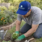 Person in gloves and Breezo Pvc Closure Trucker Cap plants flowers by a watering can.