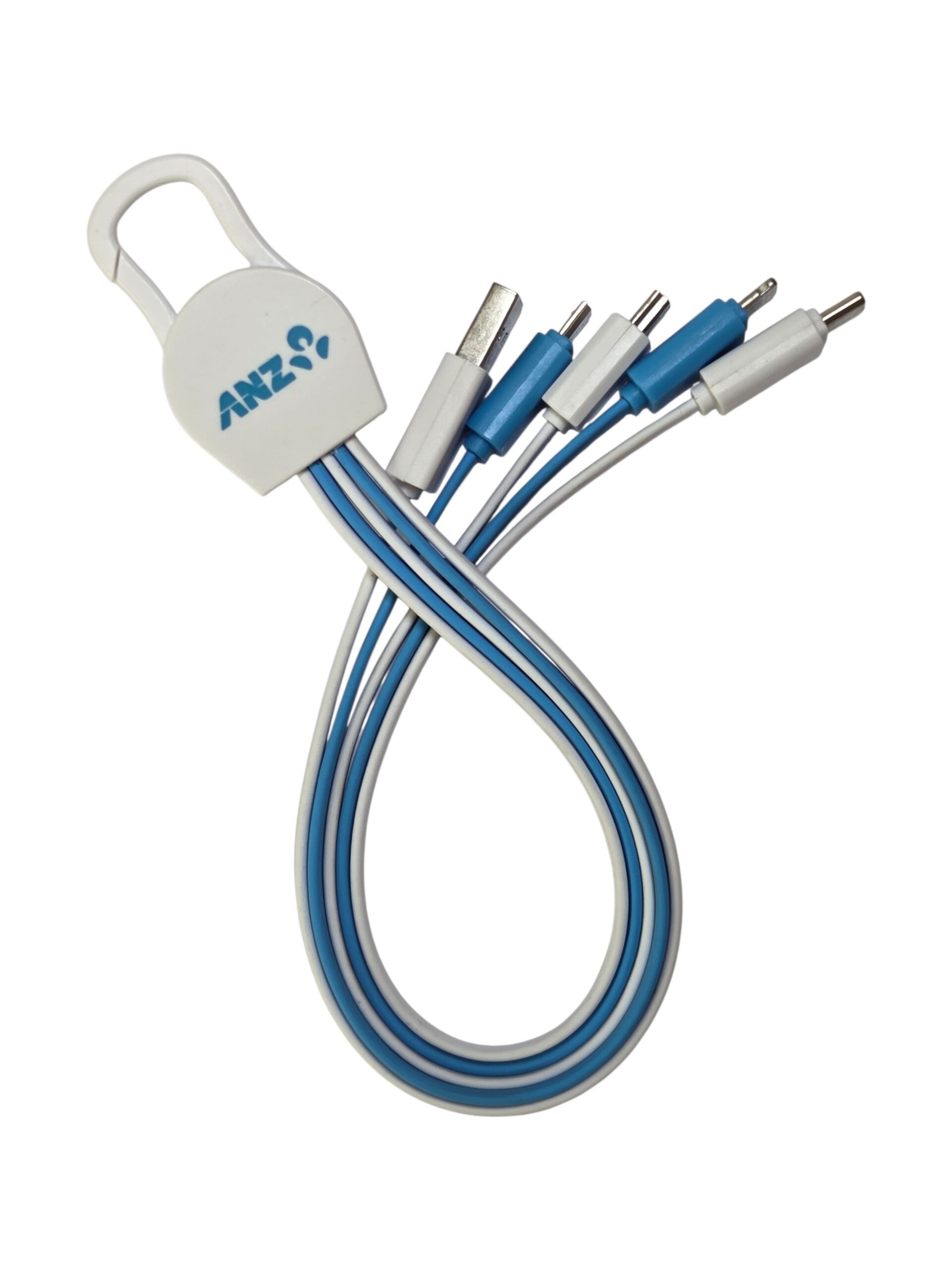 Multi-connector charging cable with keychain holder, perfect for on-the-go banking needs.