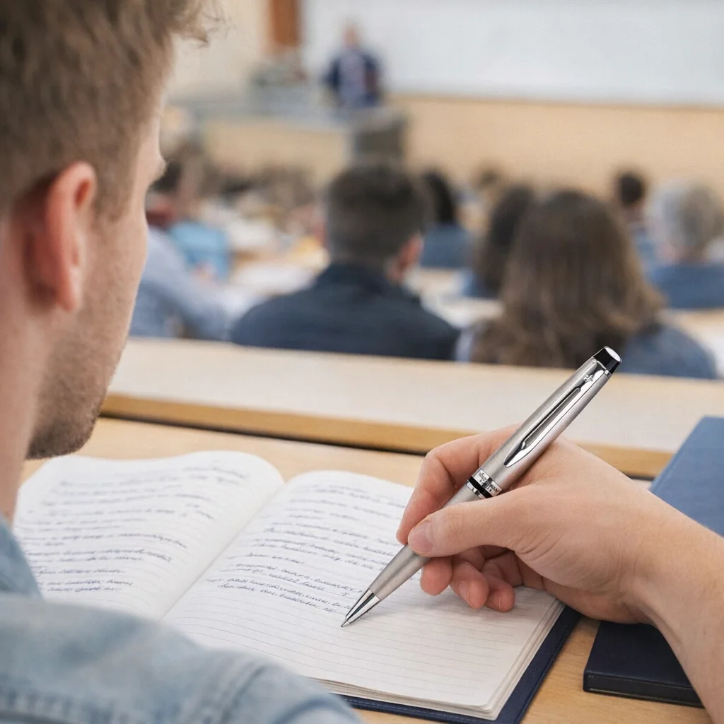 Student taking notes with a Waterman Expert Stainless CT Ballpoint Pen, audience blurred.