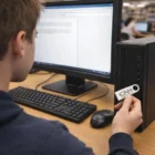 Person inserting a USB flash drive into The Tubby Keys desktop computer at music school.