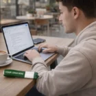 Man typing on a laptop in a cafe, wearing Active Silicon Bracelets.