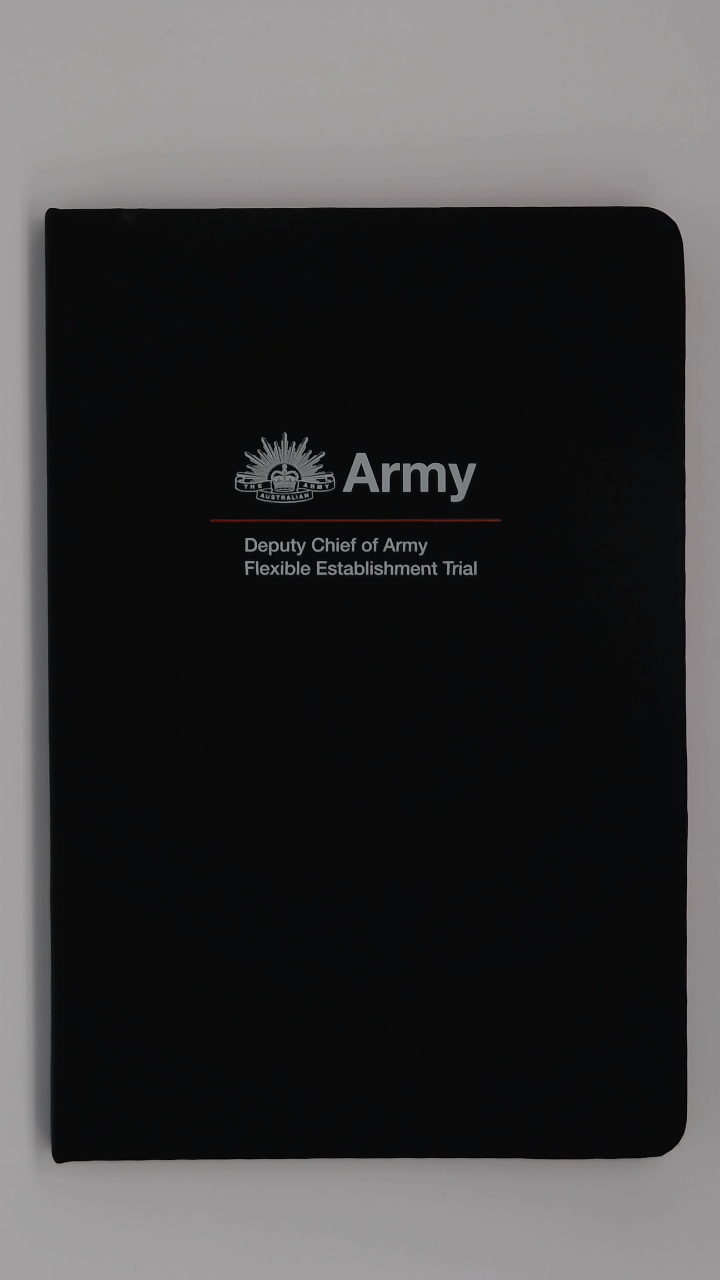 Black folder labeled Australian Army Deputy Chief of Army DCAFE Trial on the cover.