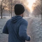 Jogger on a frosty path wears a Snoozie Recycled Roll Up Beanie on a cold park morning.