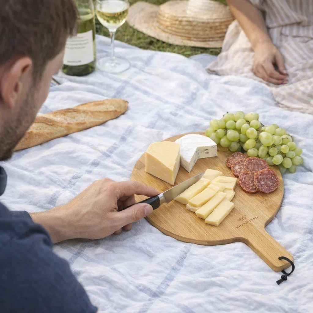 A person slices cheese on a Lynx Serving Board, with grapes, salami, bread, and wine nearby.