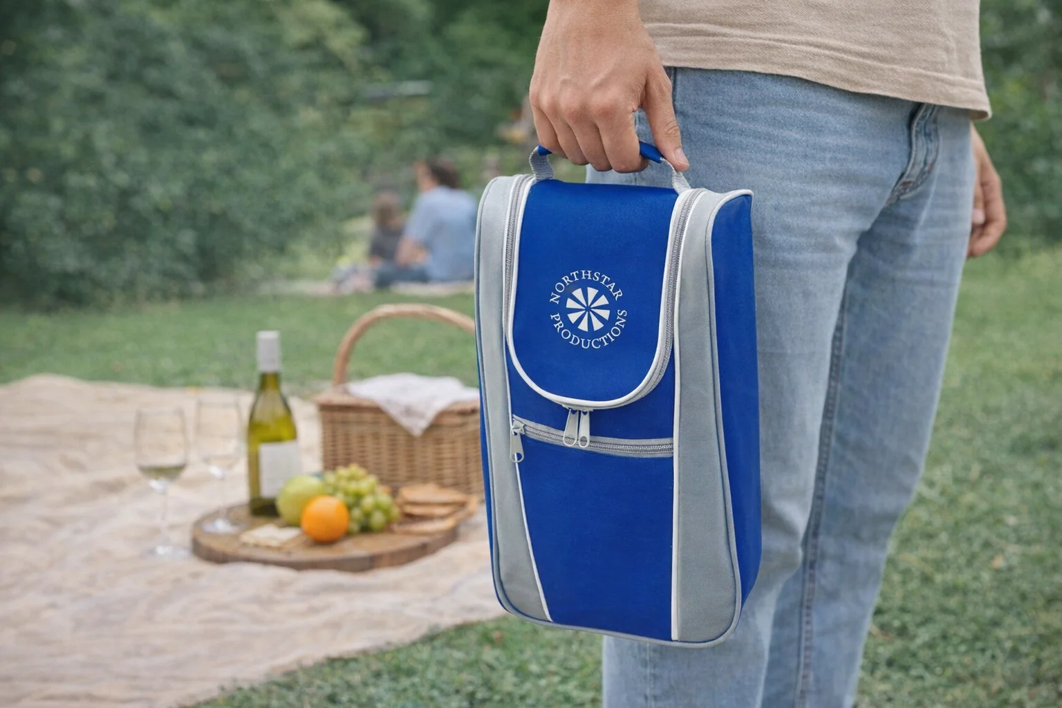 Person holding Bottle Cooler Bags at a picnic with wine, fruit, and a basket on a blanket.