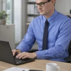 Man in Mens Long Sleeve Branded Business Shirt typing on laptop at office desk with coffee.