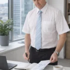 Man in office reviews papers, wearing a Mens Short Sleeve Branded Business Shirt at his desk.