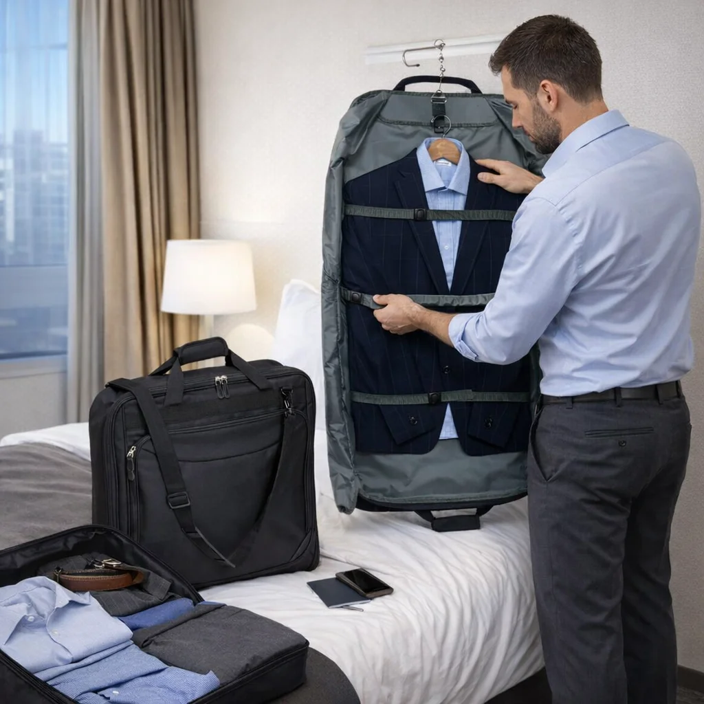 A man arranges a Coventry Garment Bag on a bed with luggage and clothes in a hotel room.