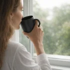 Woman in white shirt sips from a Caribbean Mug, gazing out the window and daydreaming.
