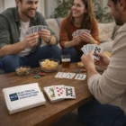 Three people playing Chocolate Playing Cards at a table with snacks and an Electrical Contractors box.