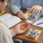 Two people share Event Branded 50G Jelly Belly Bean Packs at a table in Shop Small bags.
