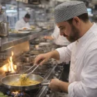 Chef cooks pasta on a gas stove, wearing Alness Chefs Check Caps.