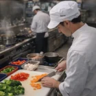 Chef in white uniform wears Forres Food Industry Peak Cap with Hair Net while slicing carrots.