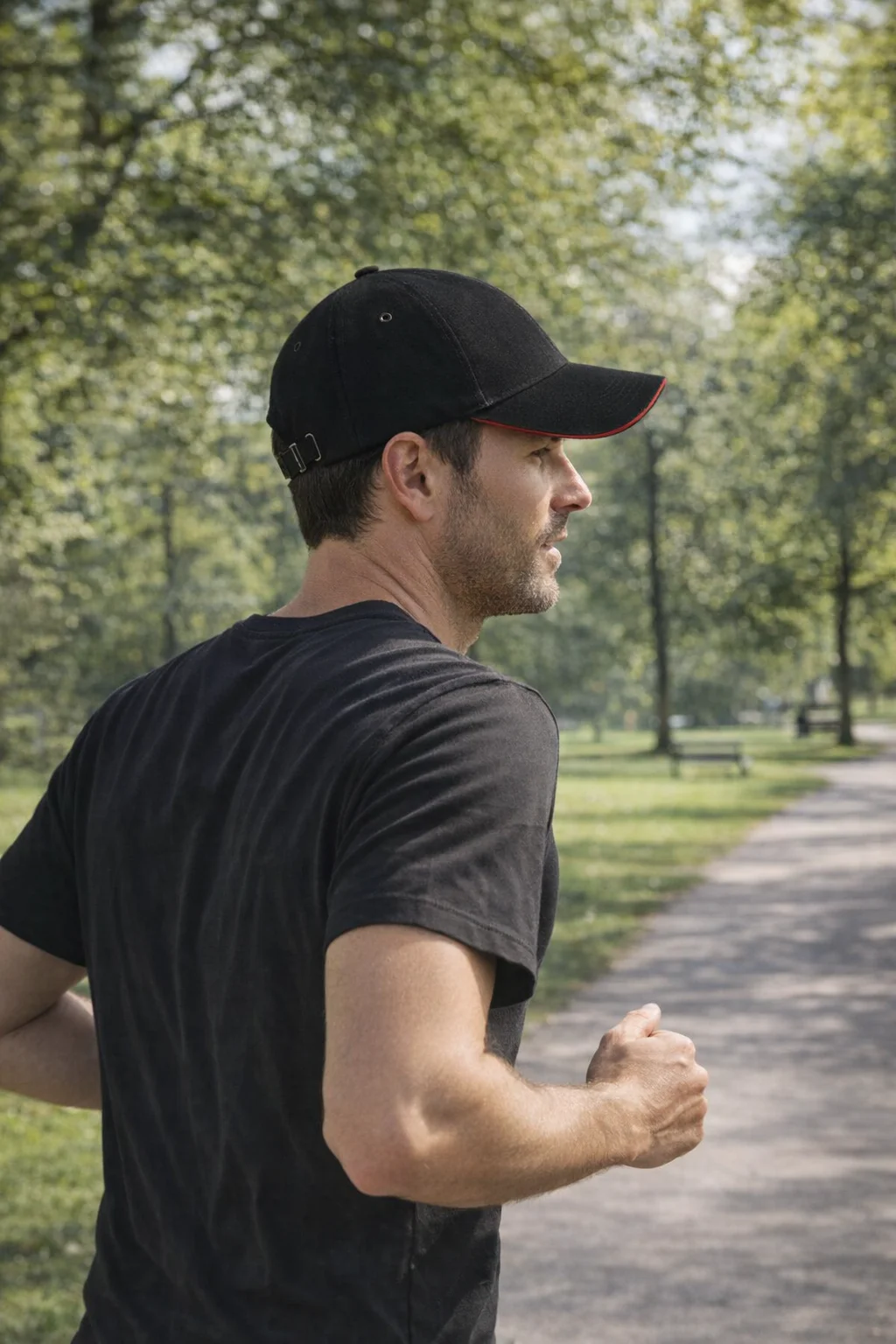 Man wearing Sand Peak Caps and black shirt jogging on a tree-lined park path.
