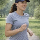 Woman jogging in the park, smiling in a gray shirt and a black Polo Twill Visor.