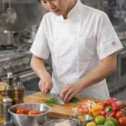 A chef in a Zurie Executive Chef Jackets Short Sleeve chops herbs among fresh kitchen veggies.