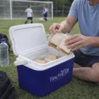 A person gets sandwiches from a Dunkridge Cooler Boxes 4.5L near kids playing soccer.