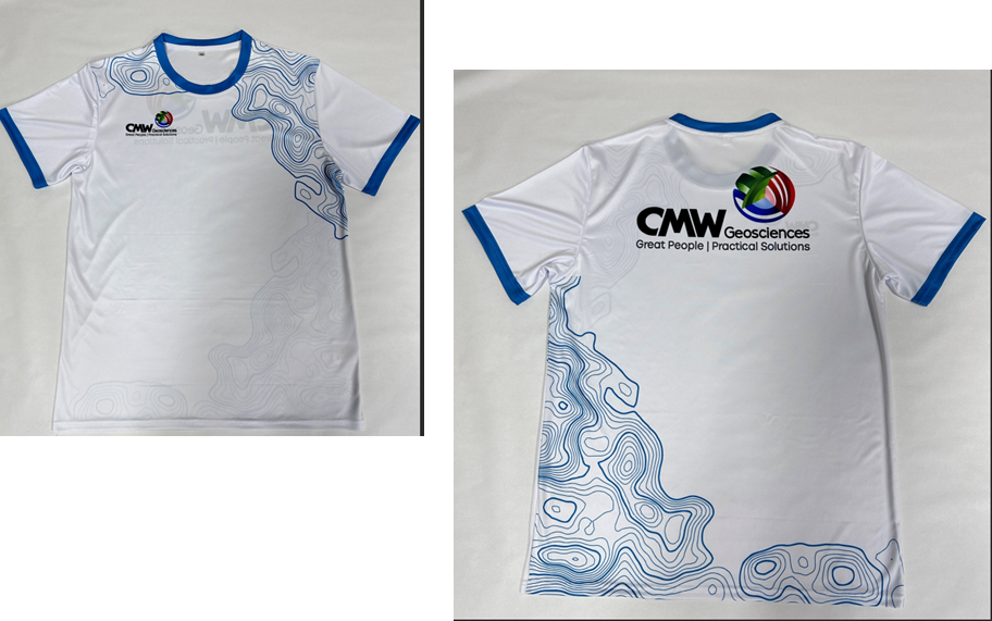 White t-shirt with blue accents, abstract lines, and CMW Geosciences Perth logo front and back.